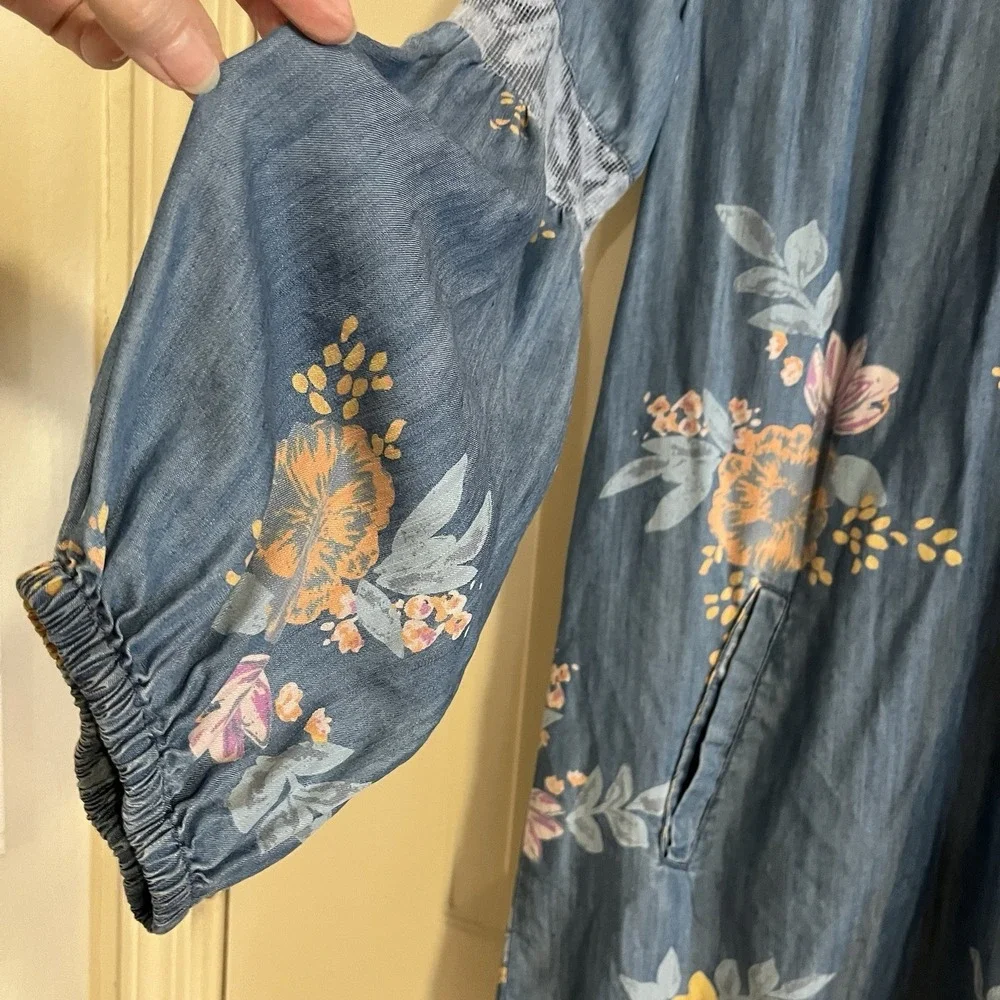 Blue Chambray Floral Dress Womens Small Cottagecore Boho Coastal Resort Lyocell - Picture 3 of 9